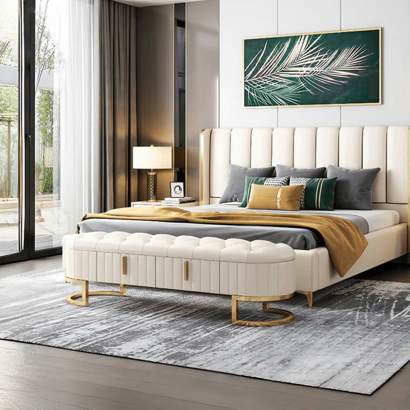Banc de rangement rembourré en similicuir Luxury Home Bed, Blanc cassé
