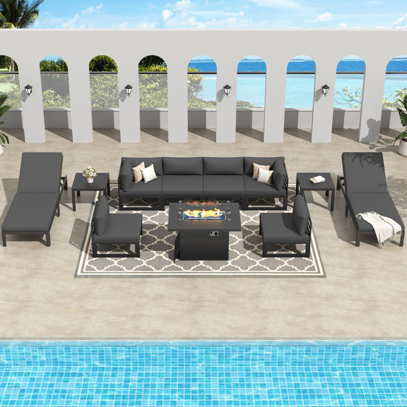 Glenita 8 - Person Outdoor Patio Aluminum Sectional Set with Firepit Table Chaise and Cushions, Dark Gray