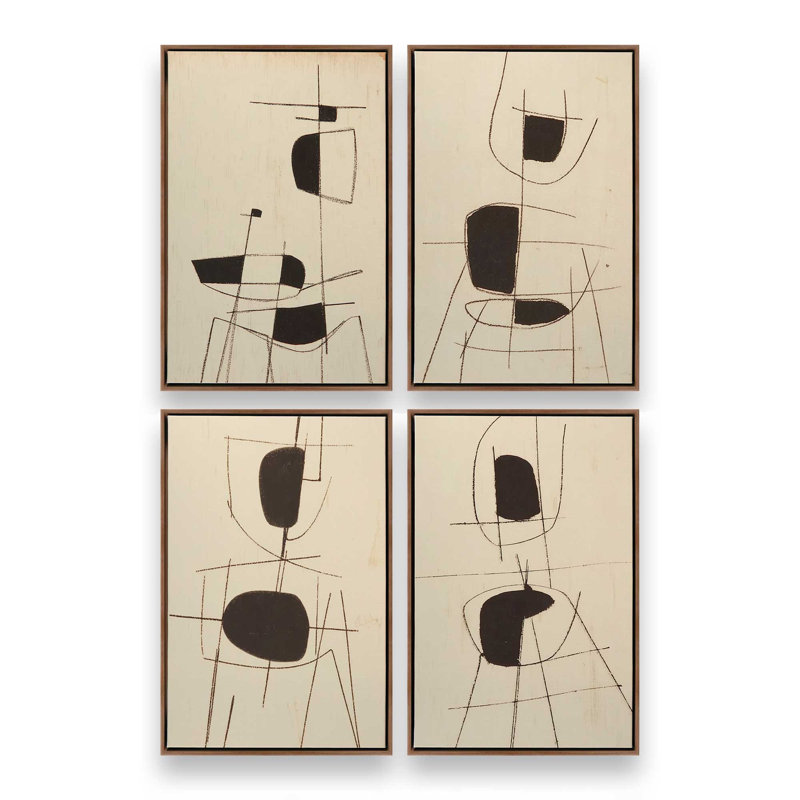 Ensemble de 4 imprimés «Lines of Stillness», Cadre flottant en noyer, 12 po x 8 po