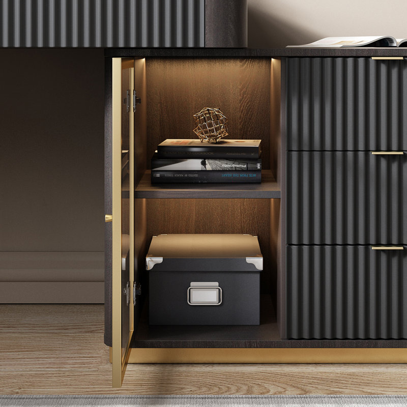 L-Shaped Computer Desk , Brown/Black/Gold, 29.5” H x 50“ W x 23” D