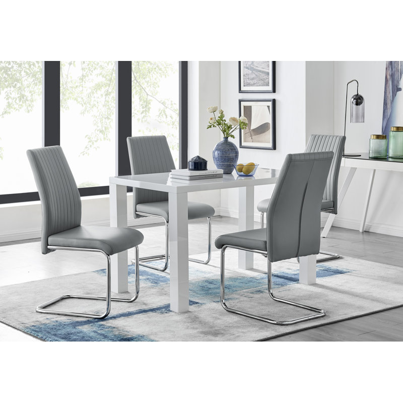 Eubanks High Gloss 4 Seat Rectangular Dining Table Set with Faux Leather Upholstered Dining Chairs, Gray