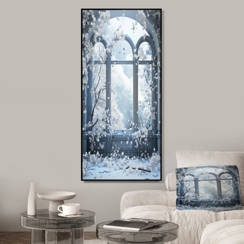 «Winter Frosty Curch Window View - Winter Landscape», art mural, Cadre flottant noir, 44" H x 34" W