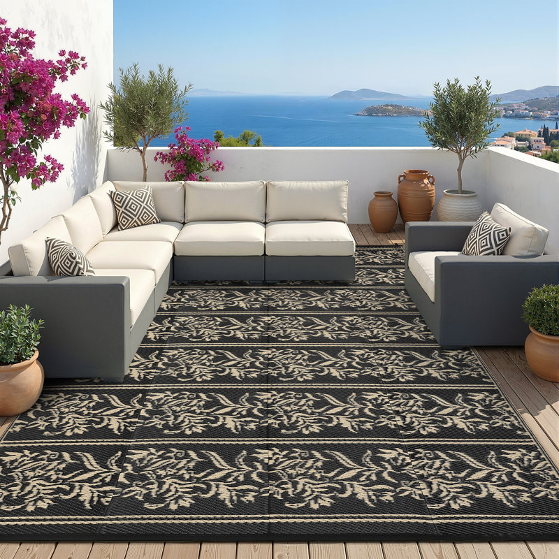 Waterproof Reversible Outdoor Rug - Lightweight, UV & Mark Resistant Patio Carpet with Stakes & Storage Bag for RV, Camping, Picnic, Deck, Backyard