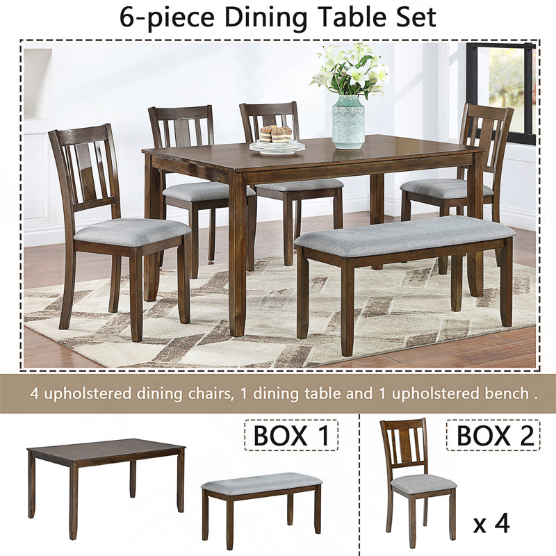 Ensemble de salle à manger en bois 6 pièces avec table rectangulaire, 4 chaises rembourrées et banc pour des repas et des réunions de famille confortables