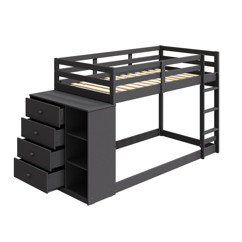 Lit superposé simple / gris avec 4 tiroirs et 3 compartiments, 3/4 tiroirs d'extension, glissières de tiroir latérales en métal, système de lattes, garde-corps fixe et facile d'accès, lit sans sommier nécessaire, finition,