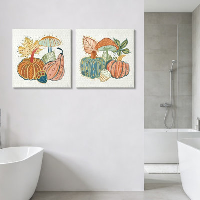 Autumn Pumpkin Mushroom Pattern 16" x 16" Canvas Wall Decor 2 Piece Farmhouse for Kitchen Porch