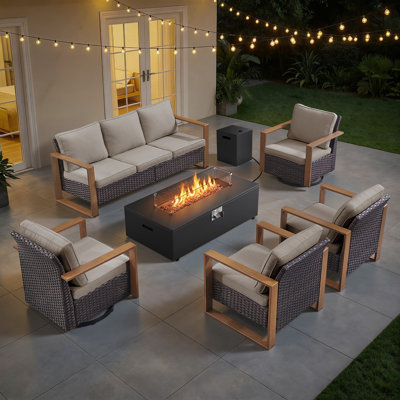 Ensemble de mobilier de patio pour 7 personnes avec table de foyer, ensemble de conversation en osier toutes saisons avec chaise et coussins épais Drazen