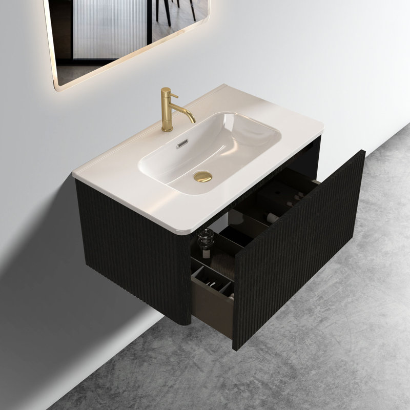 Meuble-lavabo de 30 po de style chêne noir, lavabo en céramique blanche, tiroir moderne avec accès en chêne, élément courbé