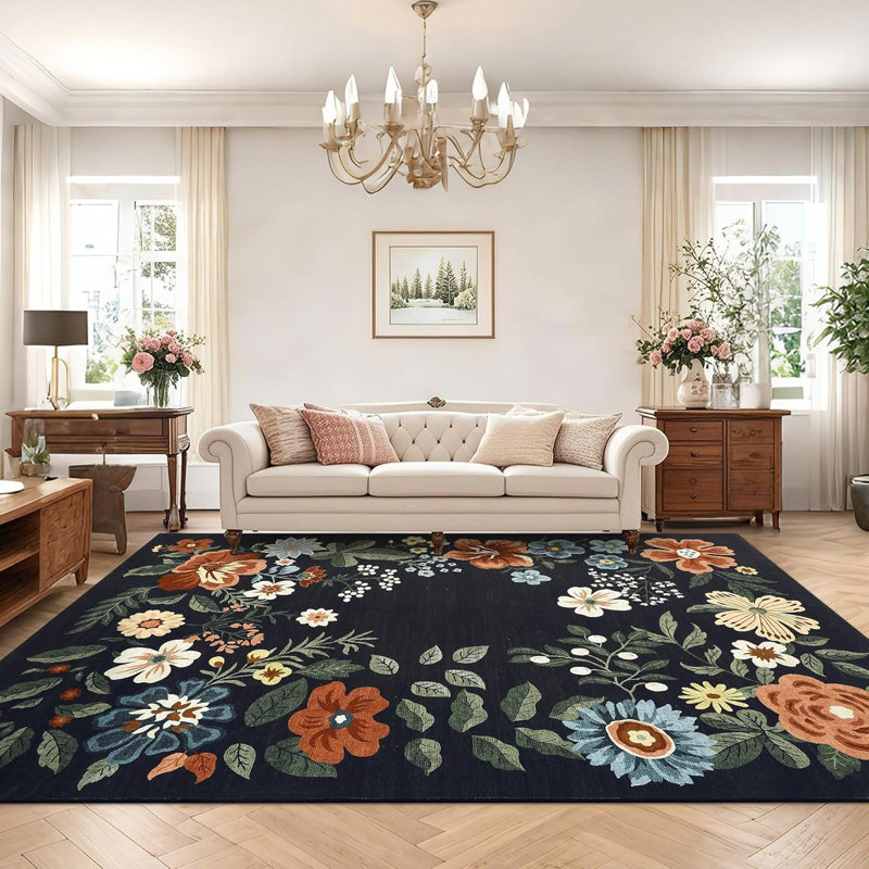 4x6 Floral Washable Area Rug, Non-Slip Non-Shedding Living Room Rug, Low Pile Stain-Resistant Throw Carpet, Foldable Printed Soft Carpet, Black