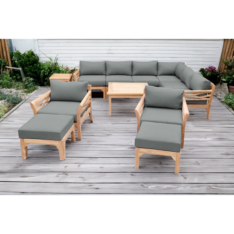 Monterey Outdoor Teak Conversation Set, 5 Pcs:  Sectional,Chair,Cushion,Table,Ottoman, Charcoal