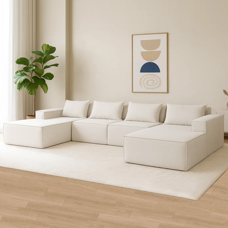 No Assembly Required 4 - Piece Chenille Sofa, Beige Chenille