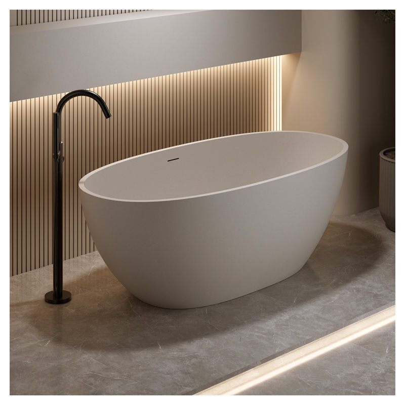 Baignoire autoportante en pierre de résine de 55 po - Baignoire de trempage moderne à surface solide avec trop-plein et bonde escamotable