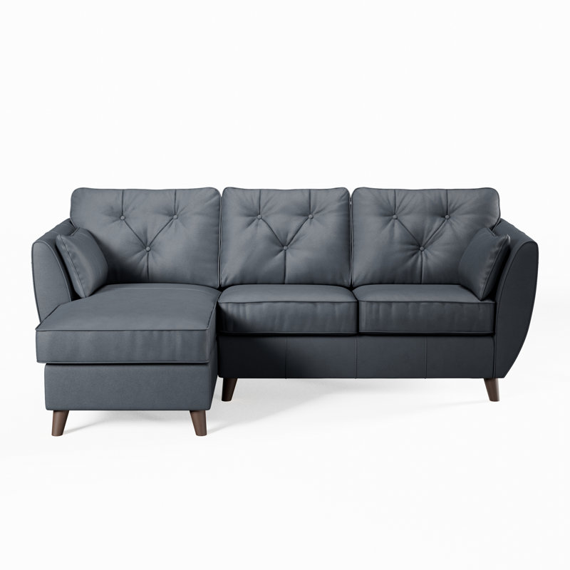 Hoxton 3 Seater Leather Maxi Sofa Chaise, Left Hand Facing, Navy, Dark Wood
