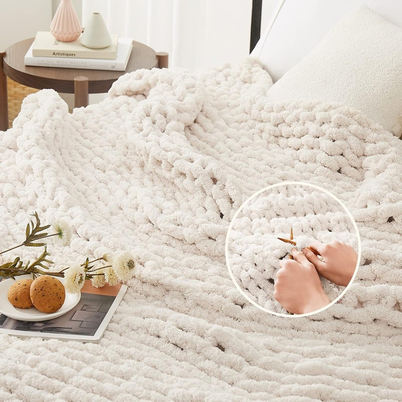 Ivory Chunky Knit Throw Blanket, Cozy Textured Couch and Sofa Decor