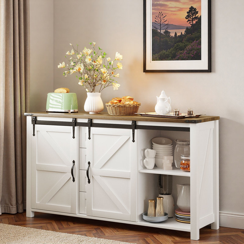 Farmhouse Sideboard With Sliding Barn Doors, 4 Drawers And Power Outlet, White