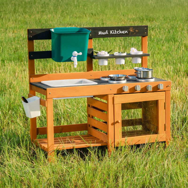 ROBUD Outdoor Mud Kitchen for Kids, Wooden Play Kitchen with Sink, Stove, Planting Pots, Storage Shelf & Kitchen Accessories