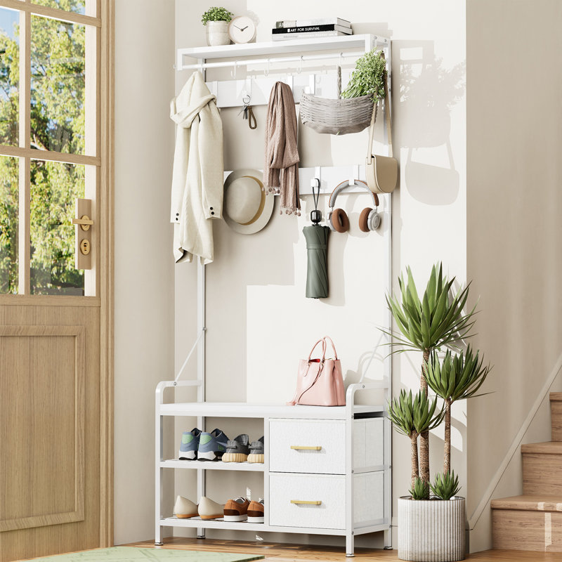 Hall Tree, Coat Rack with 17 Hooks & 2 Drawers, 6 in 1 Design Entryway Bench, Shoe Rack Hanging Rod