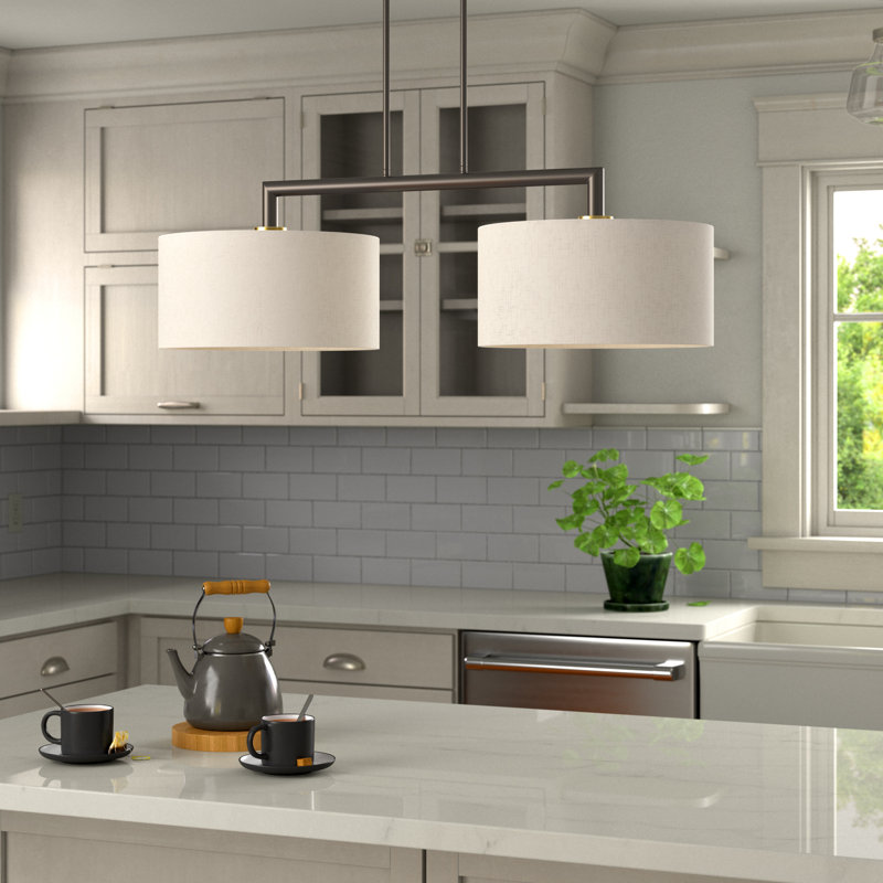 Aleksis 2-Light Linear Pendant with Linen Drum Shades, English Bronze