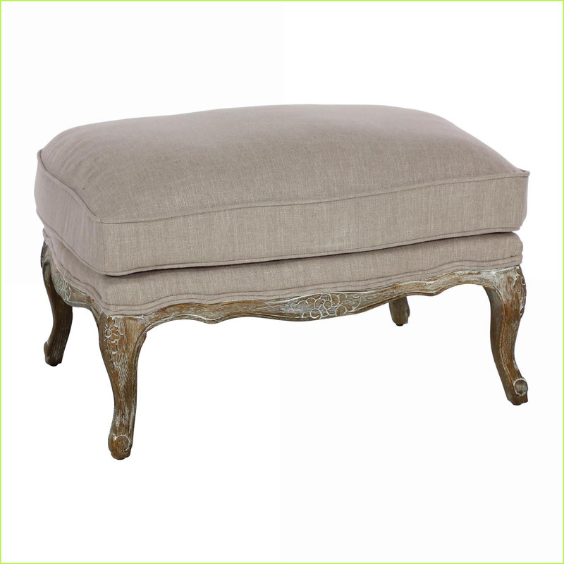 Repose-pieds, décor de salon de ferme avec structure en bois gris ardoise patiné, tissu naturel texturé, coussin en duvet moelleux en mousse | Bois massif | Noyer brun