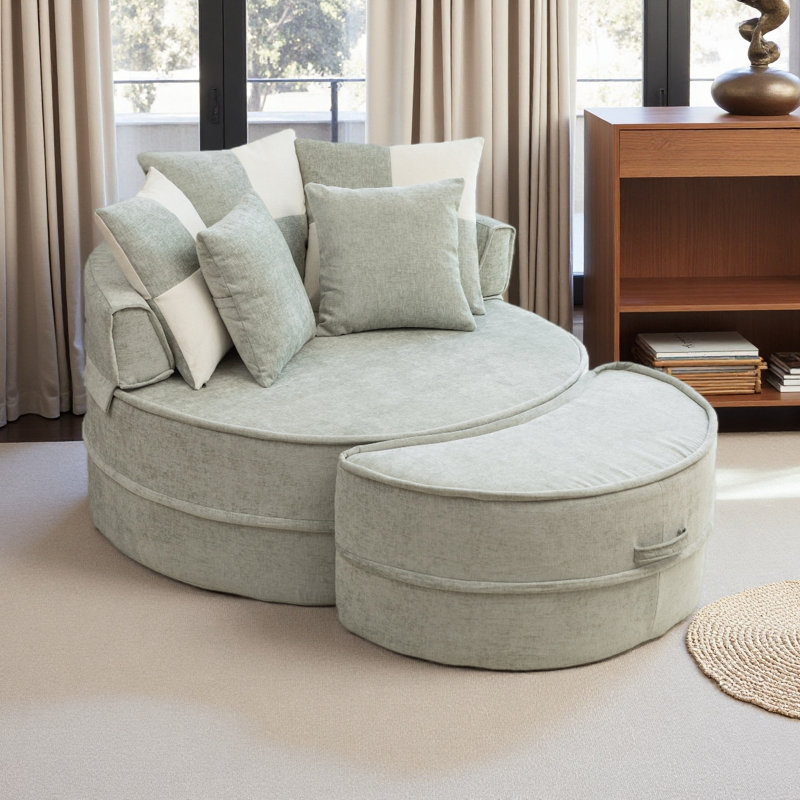 Fauteuil demi-tonneau d'appoint surdimensionné avec 5 coussins en chenille rembourrée avec canapé et repose-pieds pour le salon