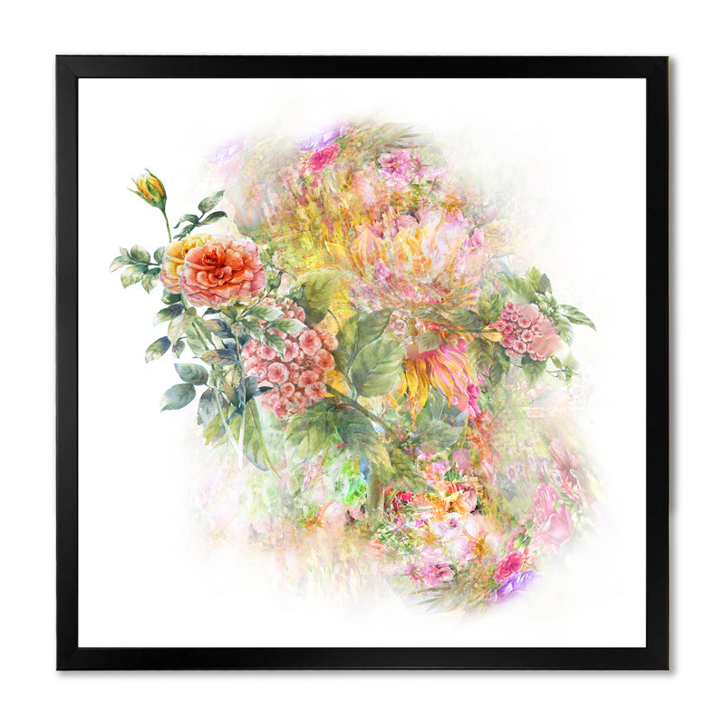 Grunge, rose, vert, fleurs d'été VII - peinture, Cadre photo noir, H 16 po x l 16 po