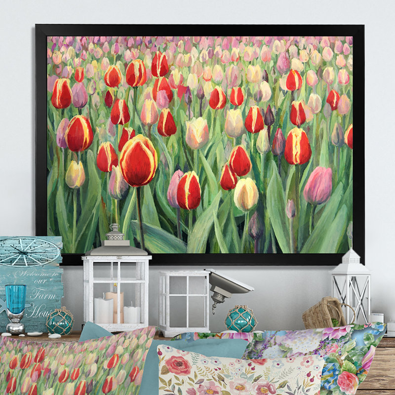 Tulipes, champ de fleurs, reproduction sur toile, Cadre d'angle fermé noir, H 8 po x l 12 po x P 1 po