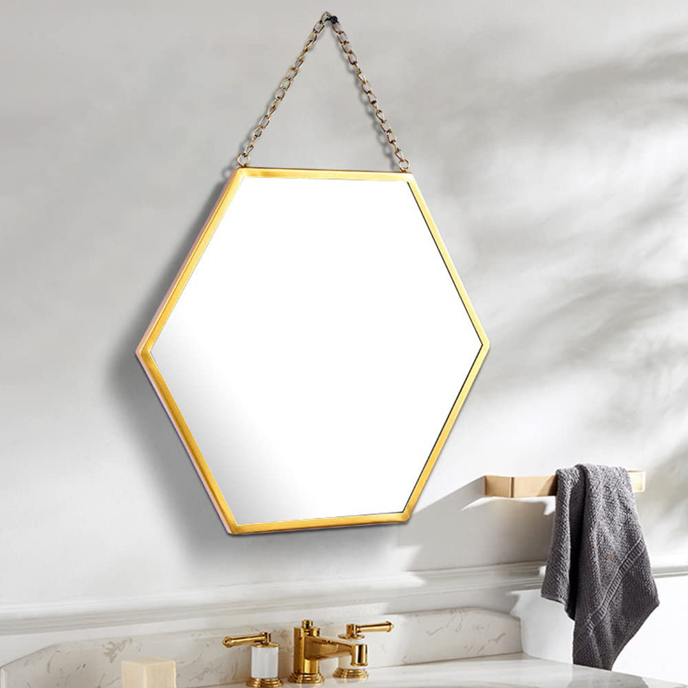 Alanie Hexagon Metal Framed Rope Hanging Makeup Mirror in Gold