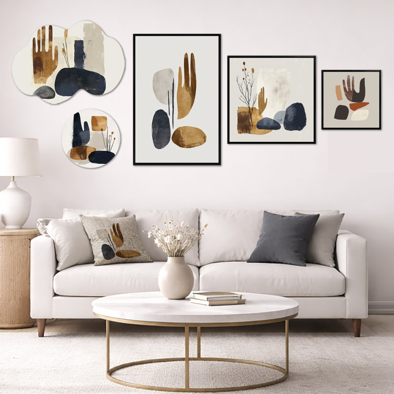 Minimal & Geometric Nature Tones II - grande décoration murale abstraite noire, ensemble de 5 toiles encadrées et métal (100 po x 40 po)