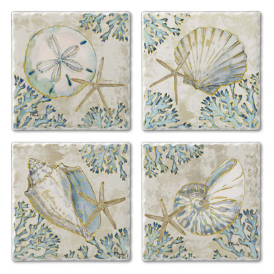 Playa Shells 4-Pack Assorted Tumbled Tile Coasters