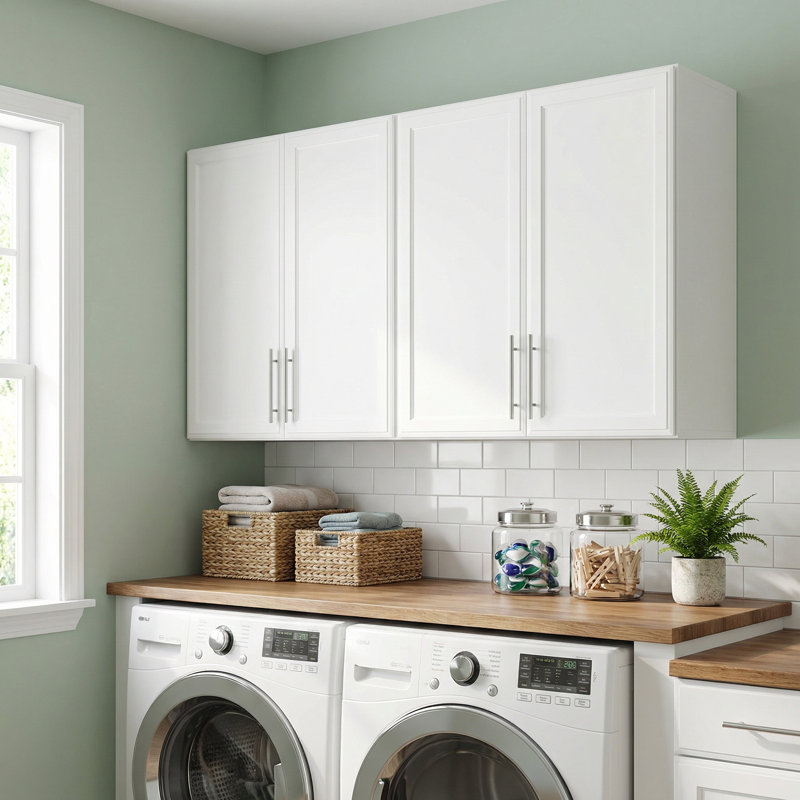 59" Large Laundry Room Cabinet Wall Mounted, for Kitchen, Adjustable Shelves, White