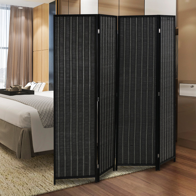 Cloison de séparation en bois de bambou de 6 pi avec 4 panneaux de cloison de séparation autoportants et séparateurs de meubles muraux avec charnière en acier inoxydable, noir