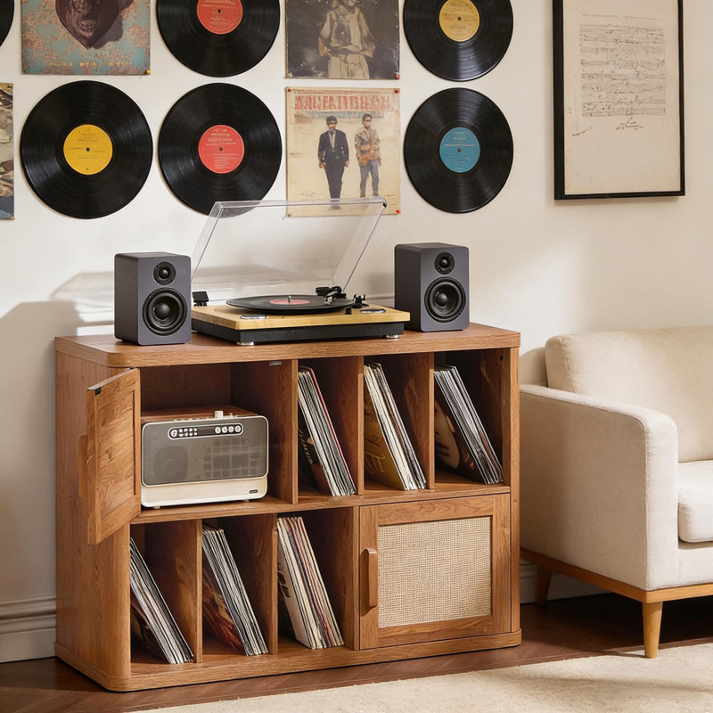 Large Boho Record Player Stand With Rattan Vinyl Storage For 450 Albums, Media Cabinet, Brown