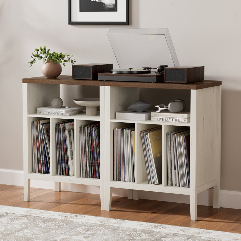Farmhouse Wood  Record Player Stand  For Bedroom, Living Room, Rustic White/Honey Brown