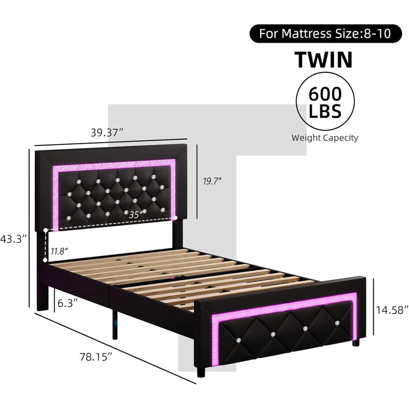 Structure de lit plateforme tapissier Alber avec lumières DEL et capitonnage à losange, Noir, Lit simple