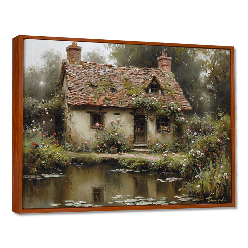 Mystérieuse maison de campagne rustique près de l'étang - impression d'art mural campagne, Toile brune avec cadre flottant