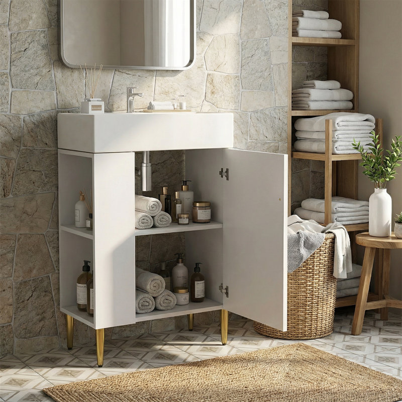 Meuble-lavabo 21,6 po avec lavabo simple en céramique, armoire combinée et rangement à gauche - blanc, Blanc / Doré
