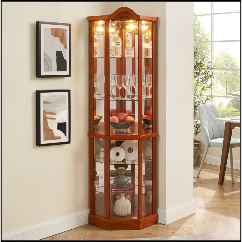 Exquisite Lighted Corner Cabinet With Adjustable Shelves And Carved Decoration, Oak
