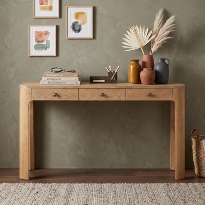 Rustic Console Table with 3 Concealed Drawers, Curved Safety Corners and Solid Rubberwood Legs