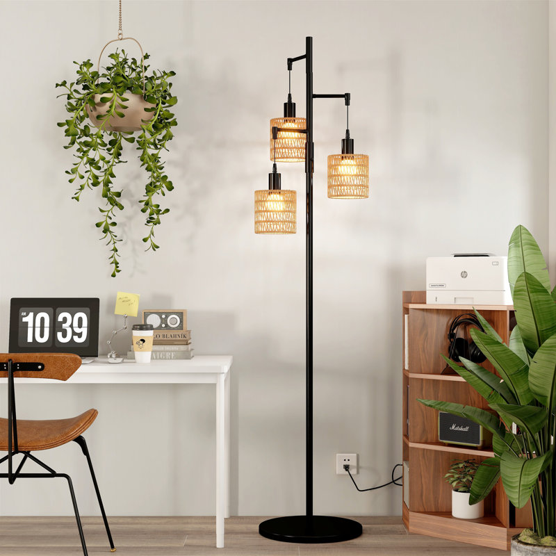 Asiel 65'' Dimmable Black Industrial Tree Floor Lamp with 3 Bulbs Included