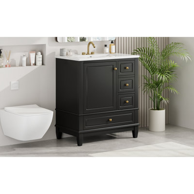 »Meuble-lavabo avec lavabo, finition noire, avec une porte avec tablette, trois tiroirs et une porte à fermeture en douceur
