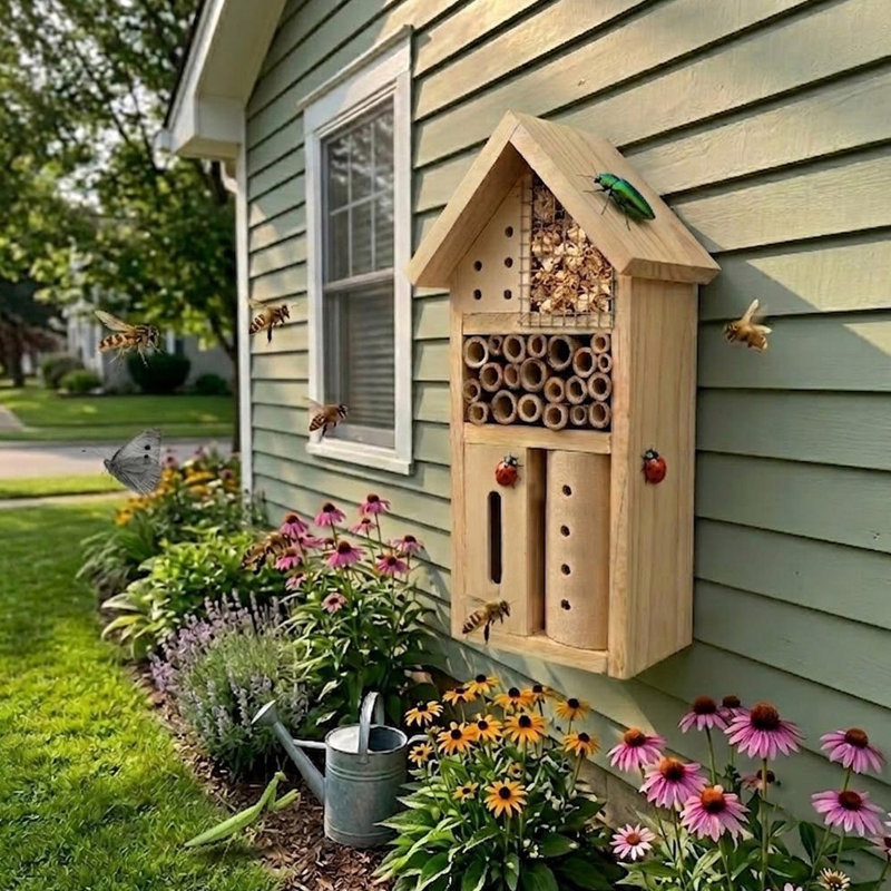 Wooden Bug Hotel Natural Insect House Multi Habitat Wildlife Shelter with Bamboo Tubes Mesh Sections Decorative Garden Feature Patio Balcony Outdoor