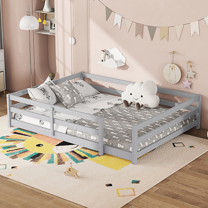 Montessori Floor Bed with Fence, Gray, Full