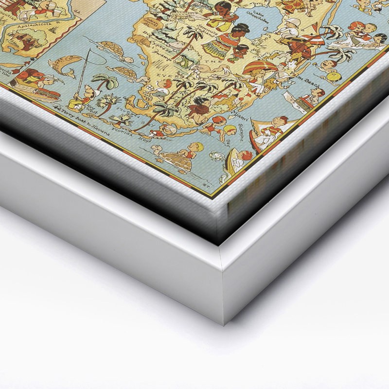 Carte illustrée de la Floride, Canevas, Encadrement blanc, H 08 po x l 10 po