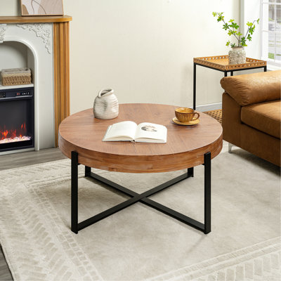 Table basse 33,8 po d'épaisseur rétro moderne avec plateau en bois de sapin et pieds croisés noirs