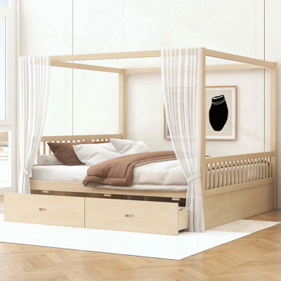 Wooden Canopy Bed with Storage Drawers