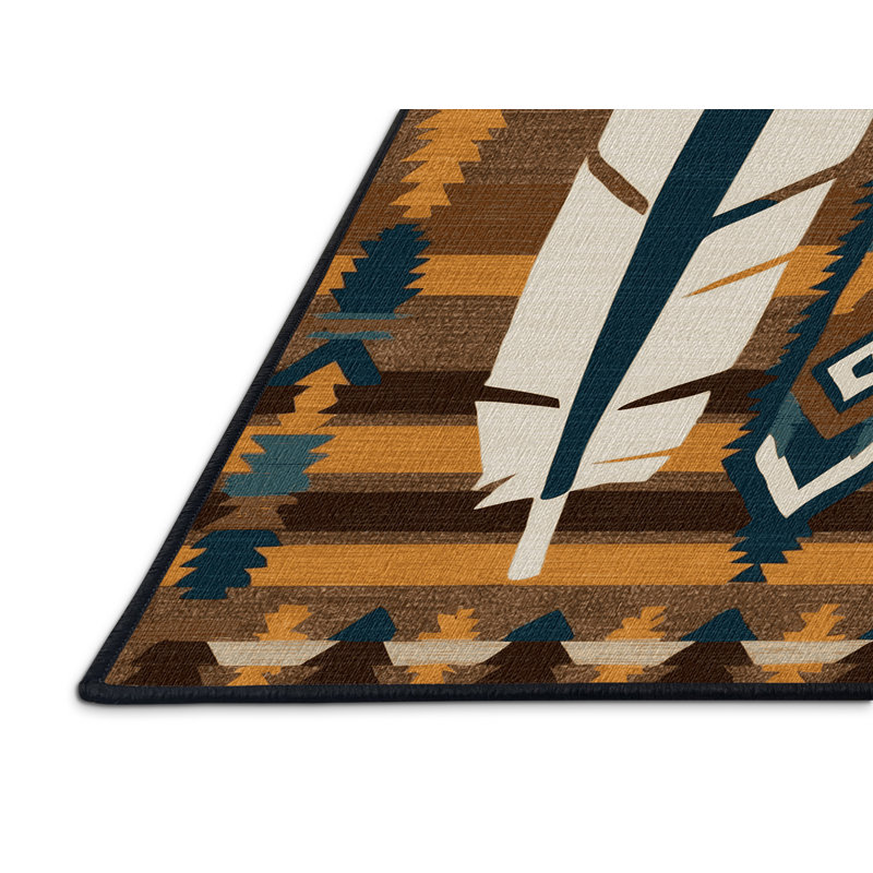 Washable Eagle Feather Southwestern Area Rug, Round 4'