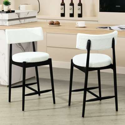 Of 2 Mid Century Modern Counter Stools, Black + Beige Design, Skin - Boucle, Rubber Wood Frame, I Shaped Footrest, For Restaurant And Dining Room Boucle Upholstered Round Cushion, Legs With Grains,