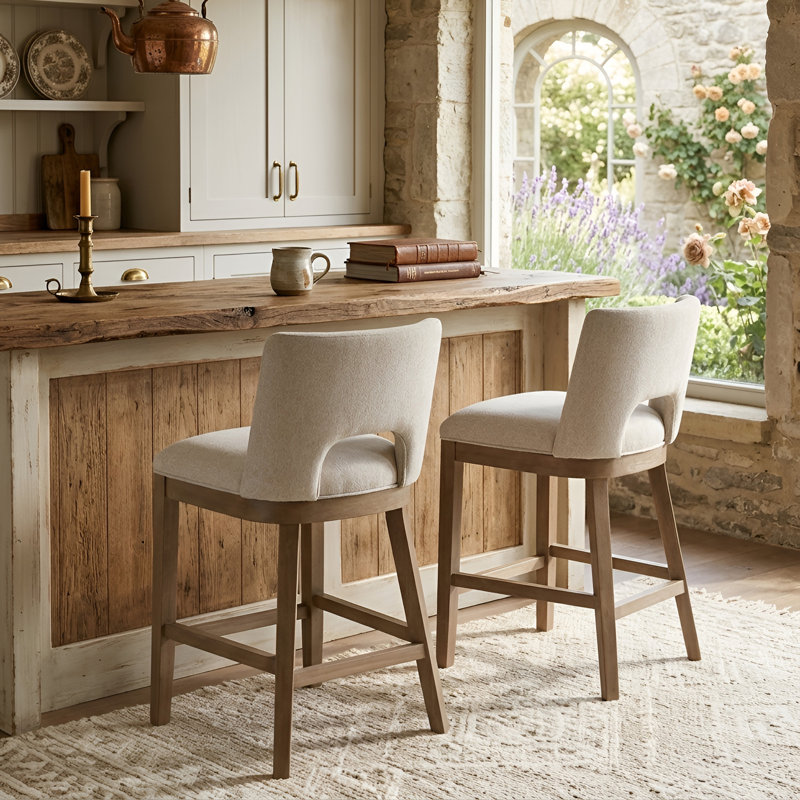 Upholstered Farmhouse Bar Stools, 26" Counter Barstools With Wood Legs For Kitchen Island/Breakfast Bar/Home Pub Set of 2