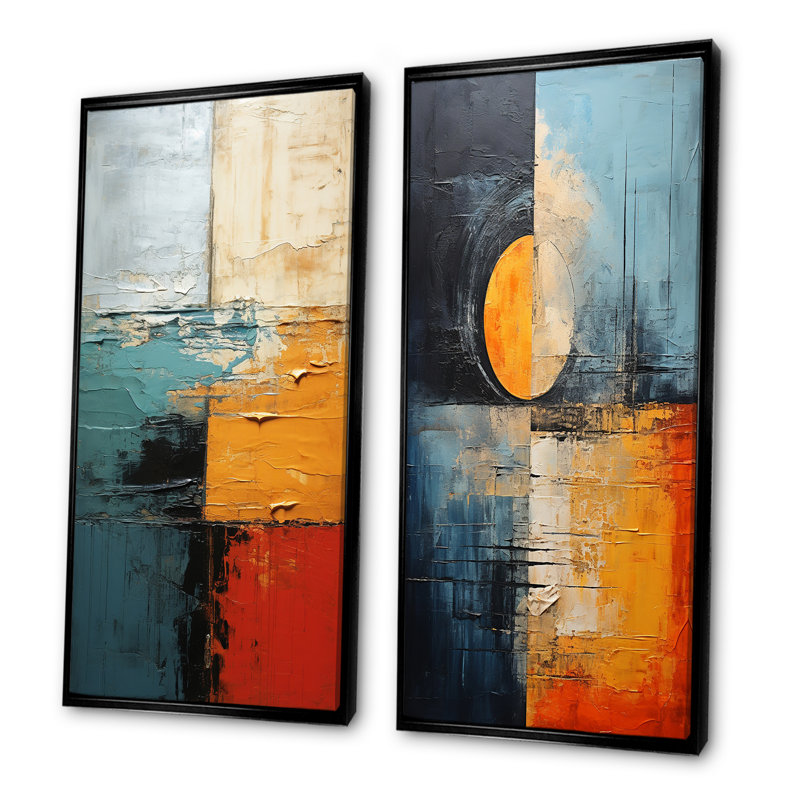 «Red and Blue Abstracted Taste - Abstract Shapes», ensemble de 2 reproductions d'art mural, Cadre noir, H 32 po x l 33 po