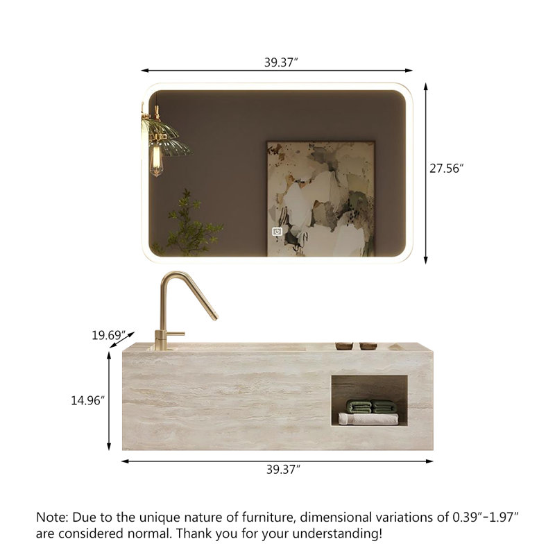 Ensemble de meuble-lavabo intégré en pierre frittée avec miroir intelligent, H 14,96 po x l 39,37 po x P 19,69 po